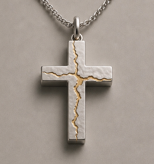 Close view of the KAINĒ cross — the recessed channel filled with gold