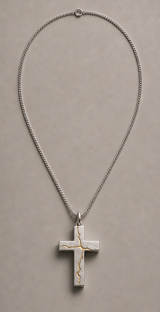 KAINĒ cross pendant on a fine chain — concept rendering in reclaimed white metal with a gold-filled recessed channel